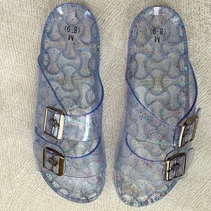 NWOT Clear Sparkle Jelly Sandals, 2 band adjustable, size 7-8.